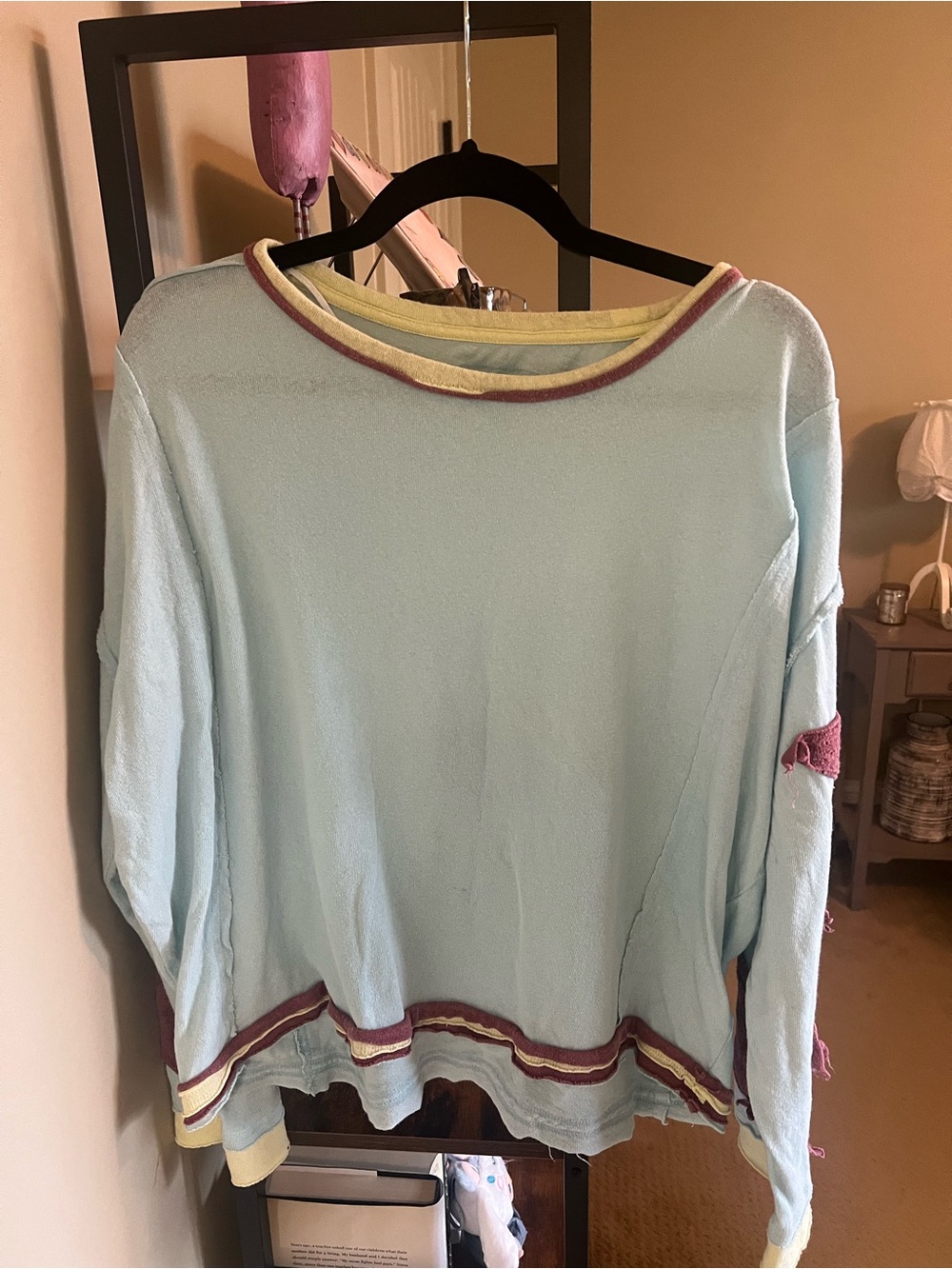 Free People Light Blue Crewneck oversized shirt with Yellow and Burgundy Trim